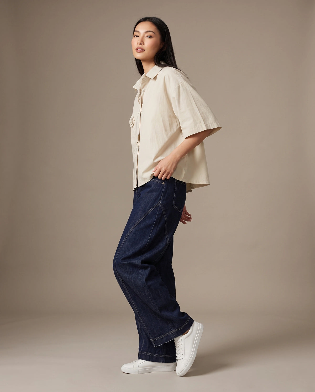 Warm Sand Rosette Appliqué Boxy Shirt