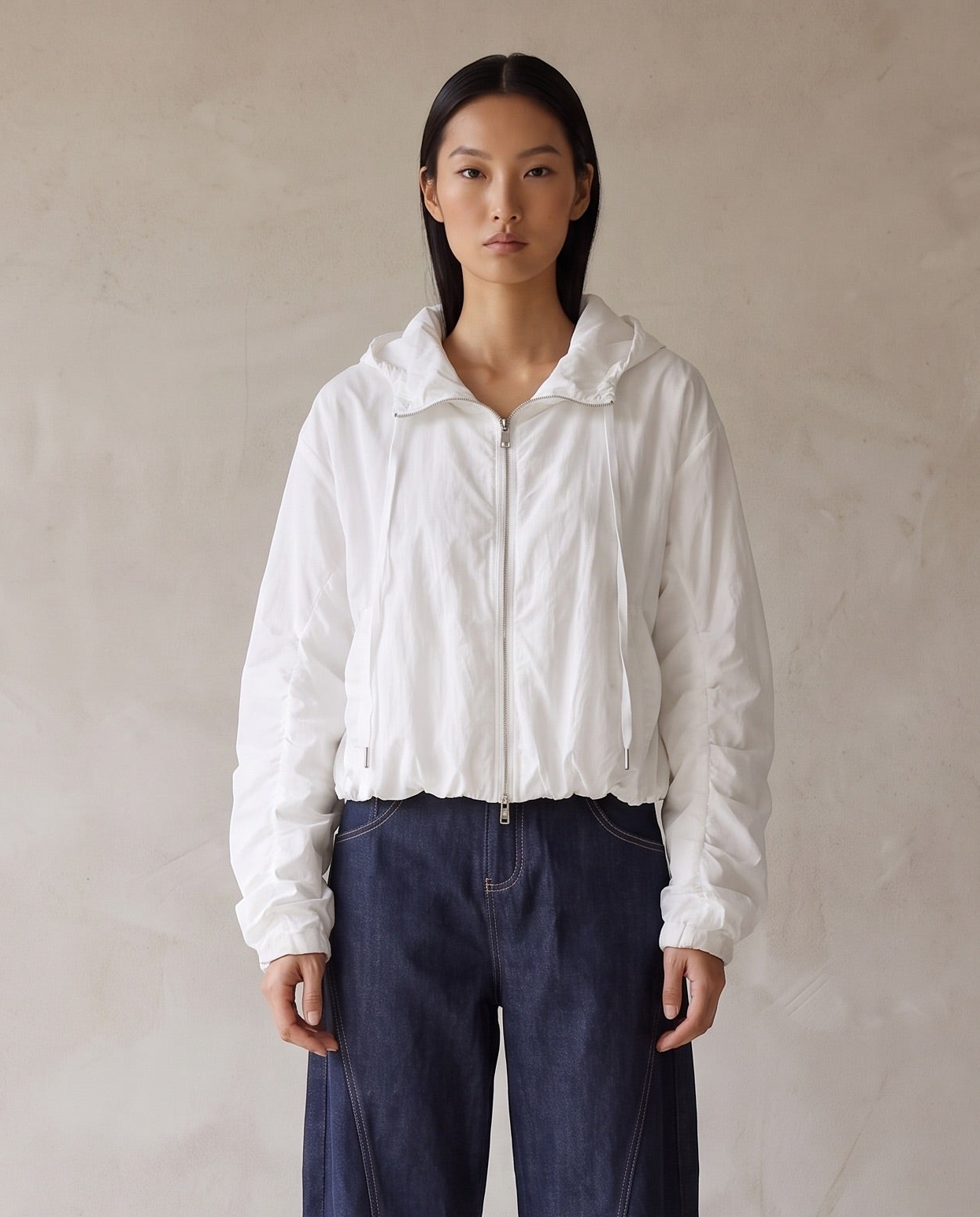 White Hooded Short Zip Jacket