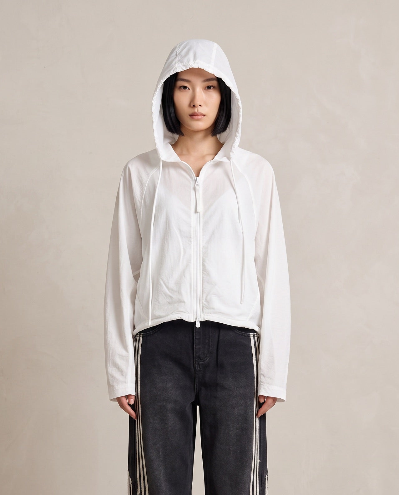 White Hooded Zip Lightweight Jacket