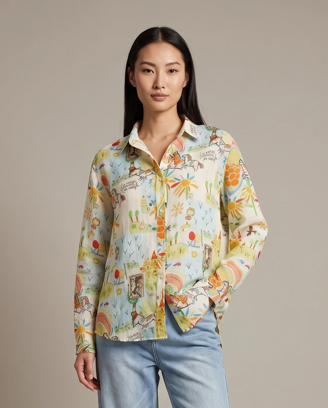 Whimsical Graphic Print Ramie Shirt
