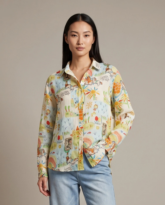 Whimsical Graphic Print Ramie Shirt