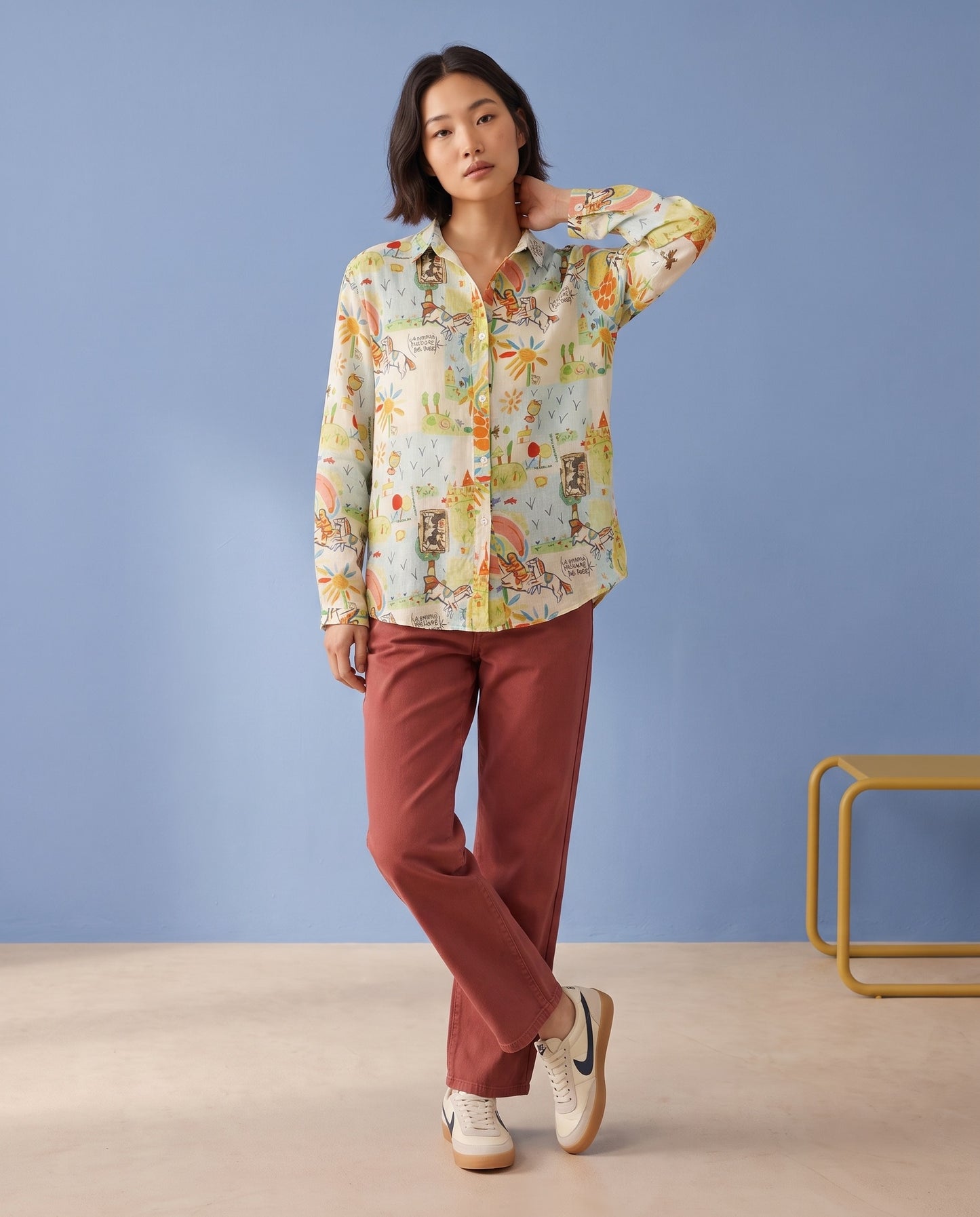 Whimsical Graphic Print Ramie Shirt
