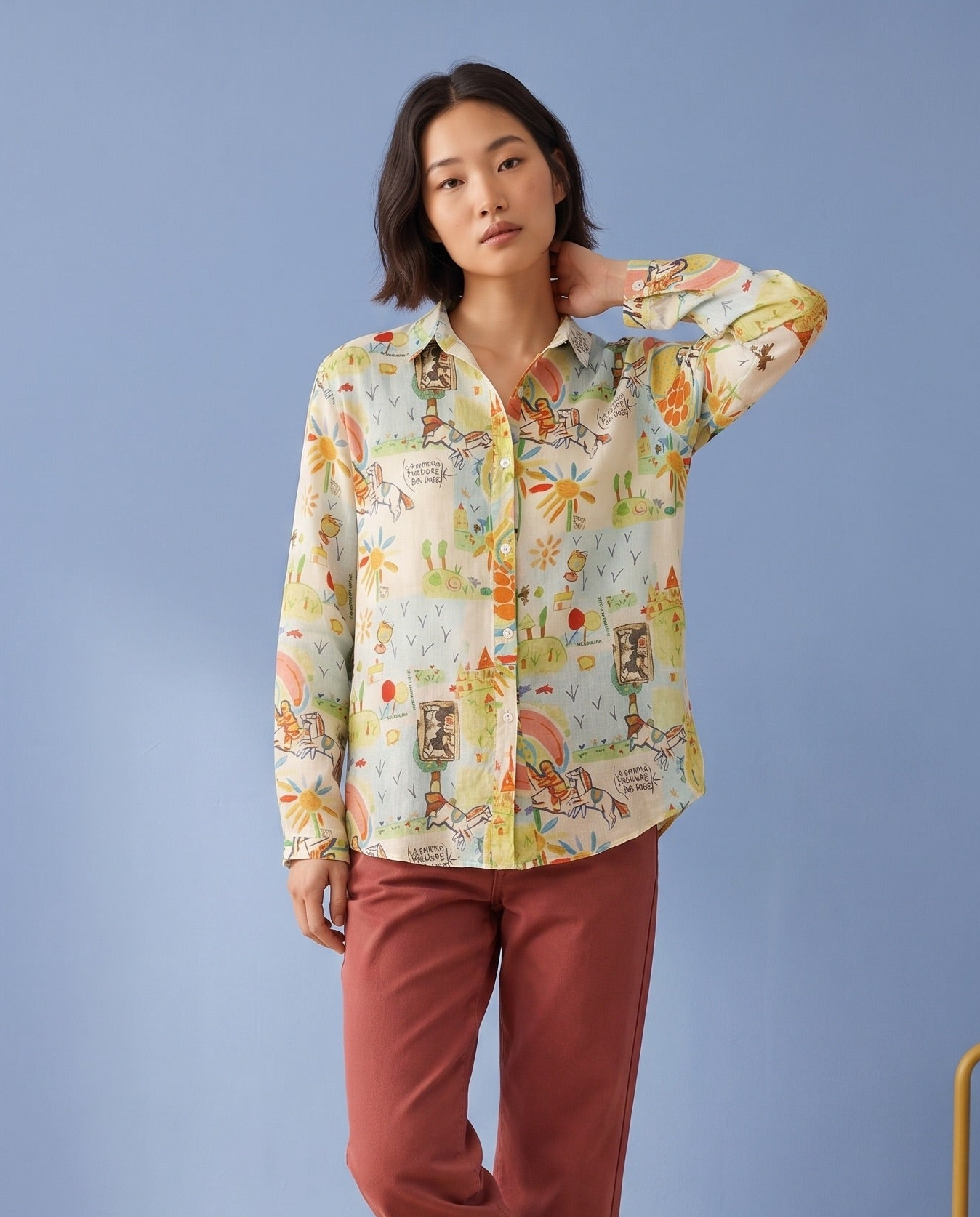 Whimsical Graphic Print Ramie Shirt