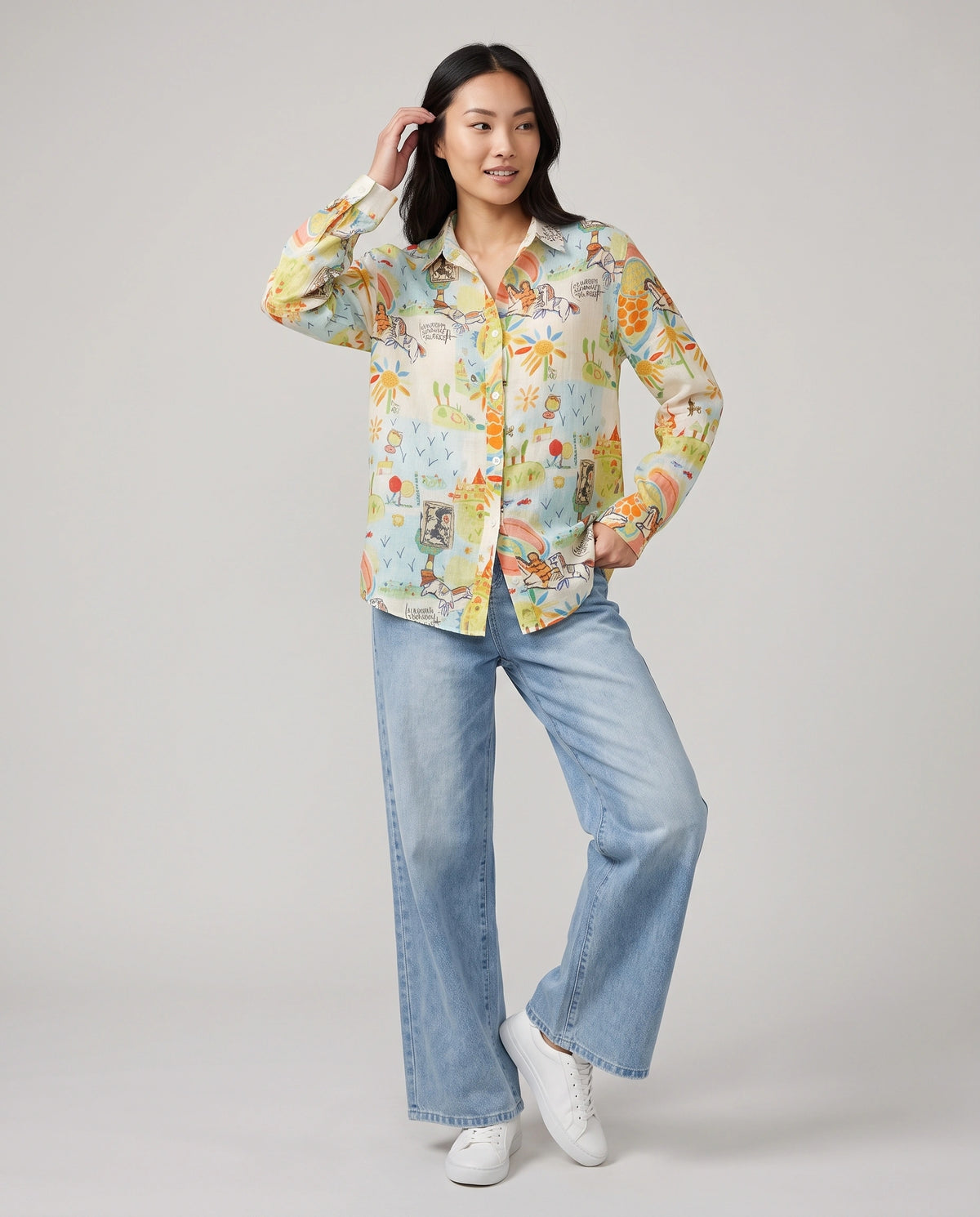 Whimsical Graphic Print Ramie Shirt