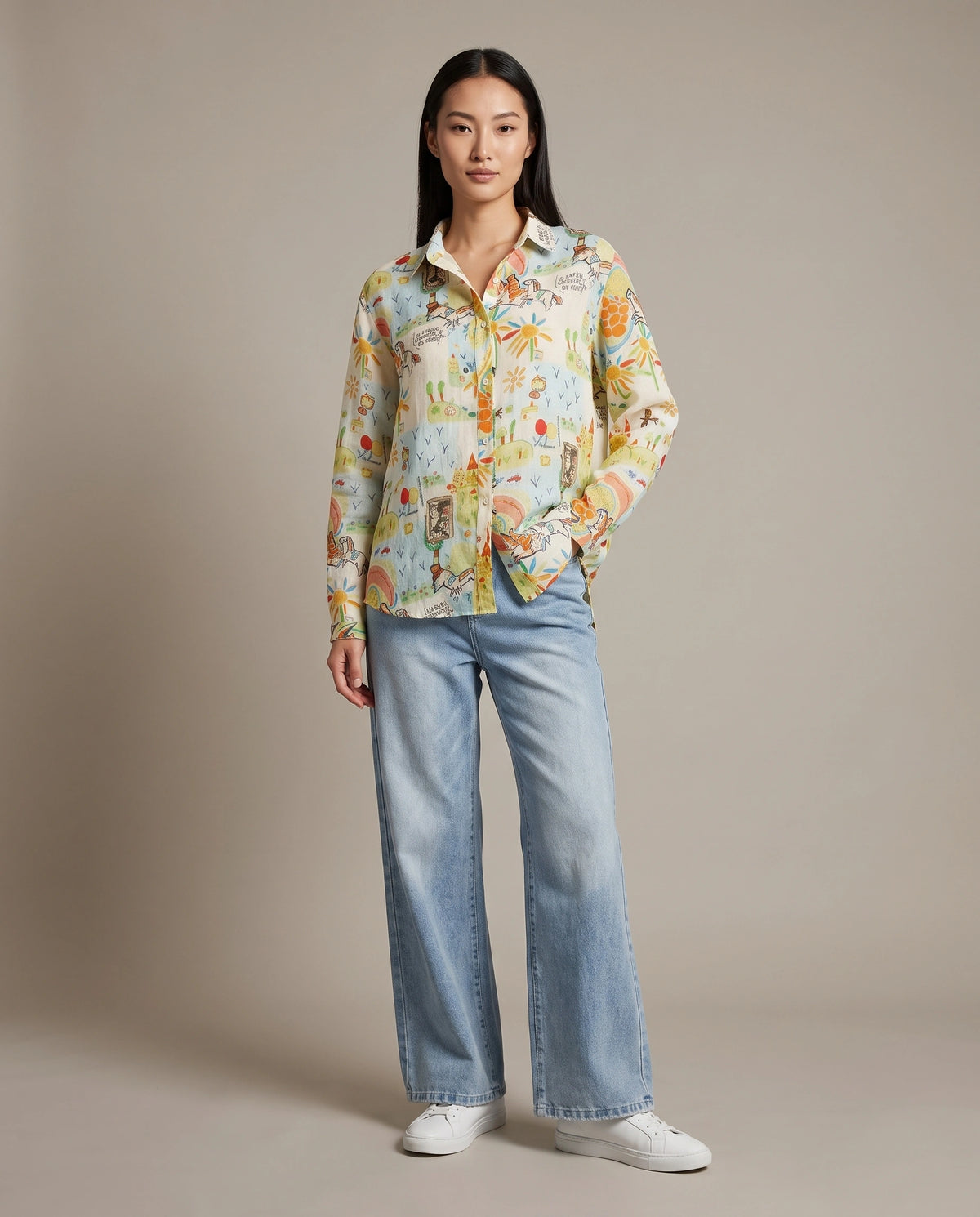 Whimsical Graphic Print Ramie Shirt