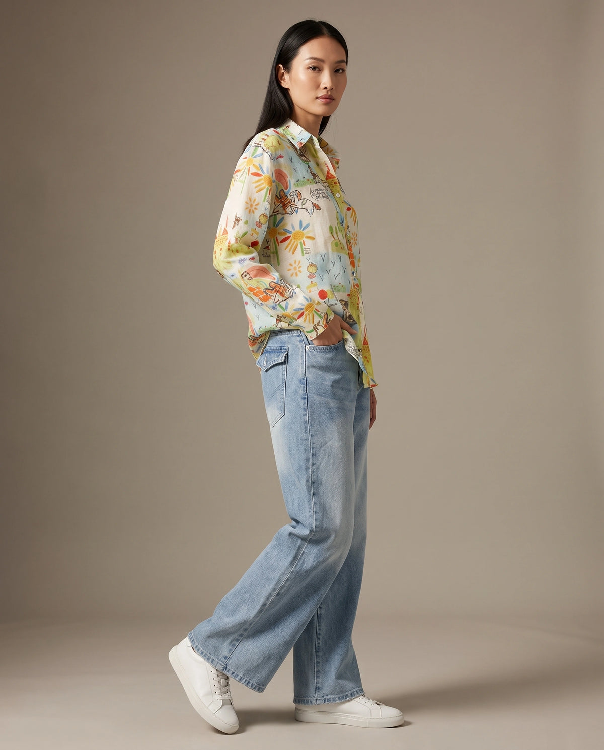 Whimsical Graphic Print Ramie Shirt