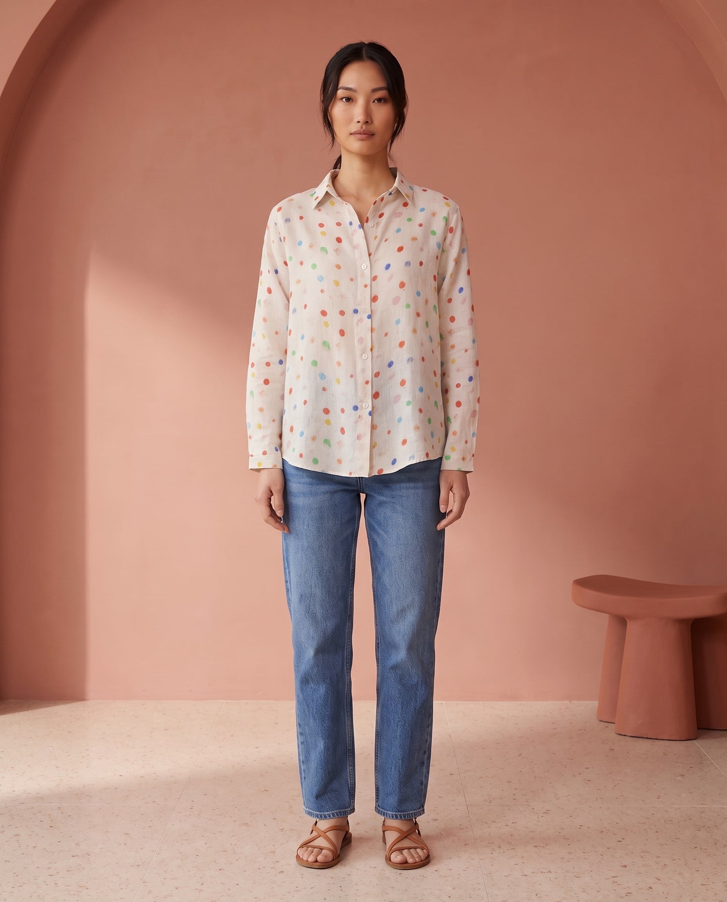 Multicolour Dot Print Ramie Shirt