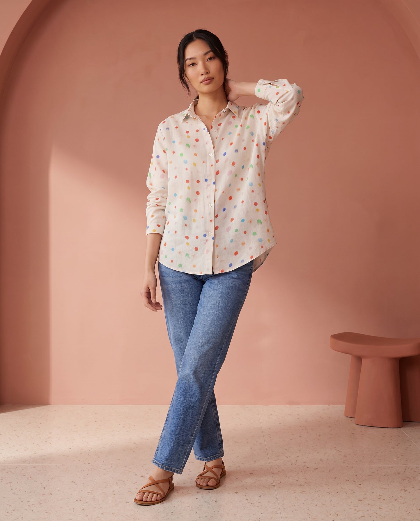Multicolour Dot Print Ramie Shirt