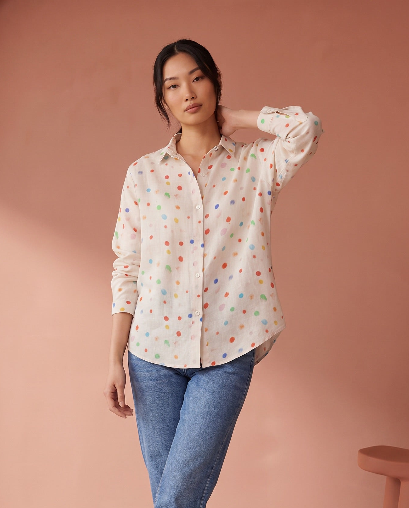Multicolour Dot Print Ramie Shirt