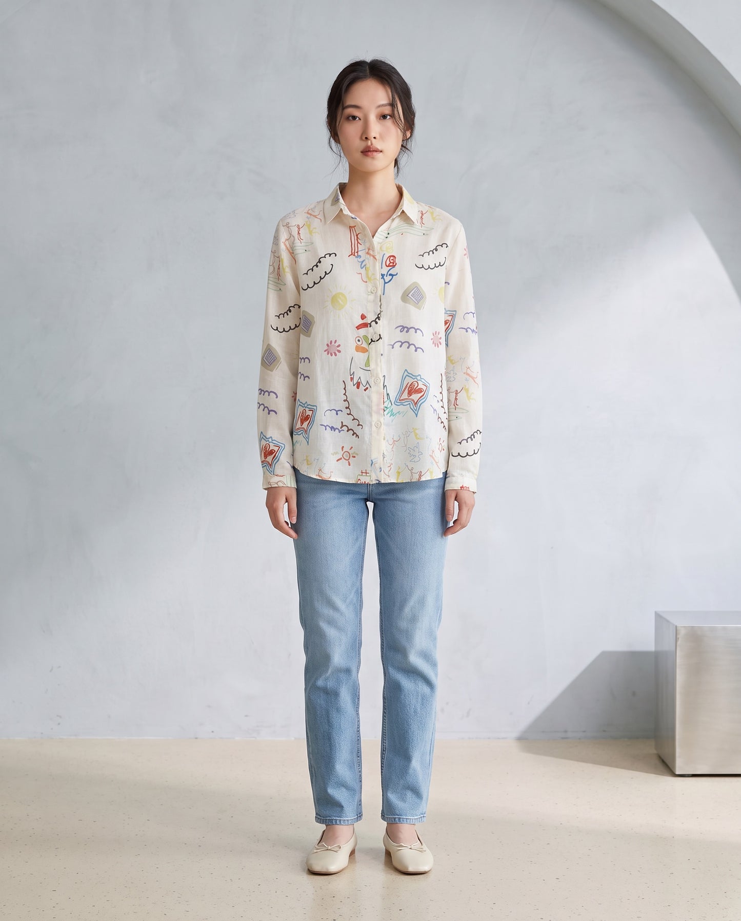 Multicolour Doodle Print Ramie Shirt