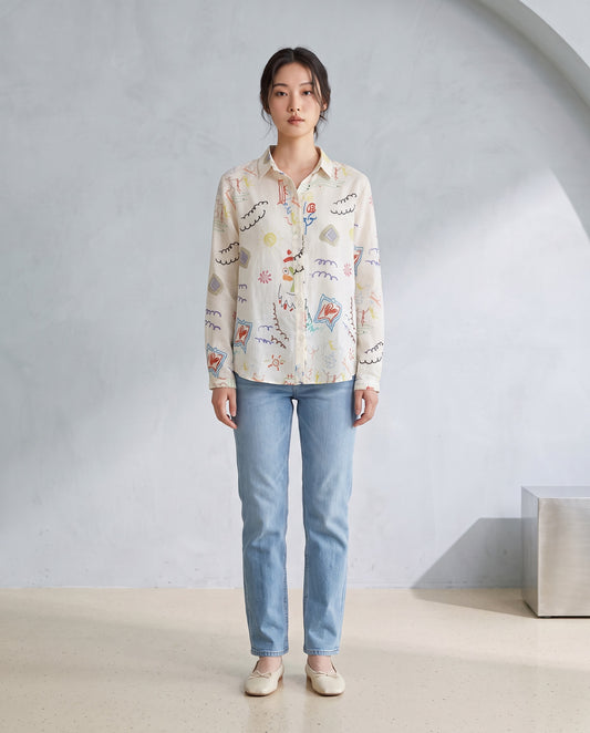 Multicolour Doodle Print Ramie Shirt