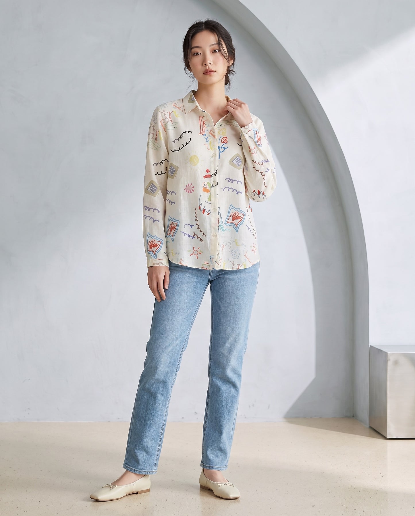 Multicolour Doodle Print Ramie Shirt