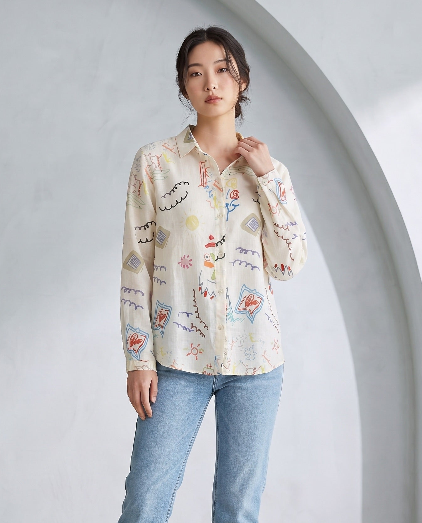 Multicolour Doodle Print Ramie Shirt