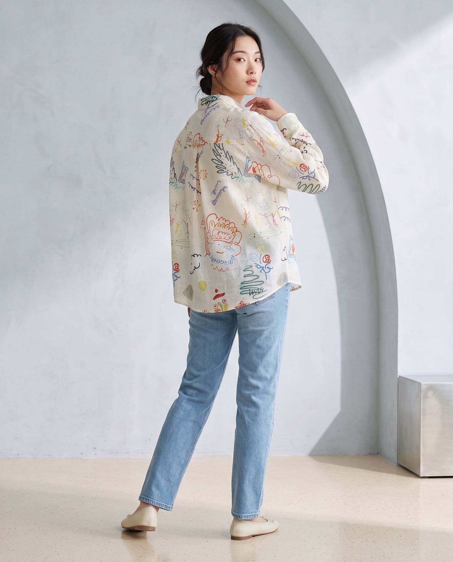 Multicolour Doodle Print Ramie Shirt