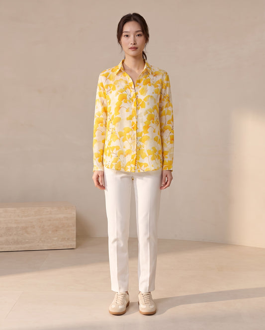 Yellow Ginkgo Leaf Print Ramie Shirt