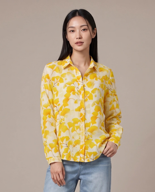 Yellow Ginkgo Leaf Print Ramie Shirt