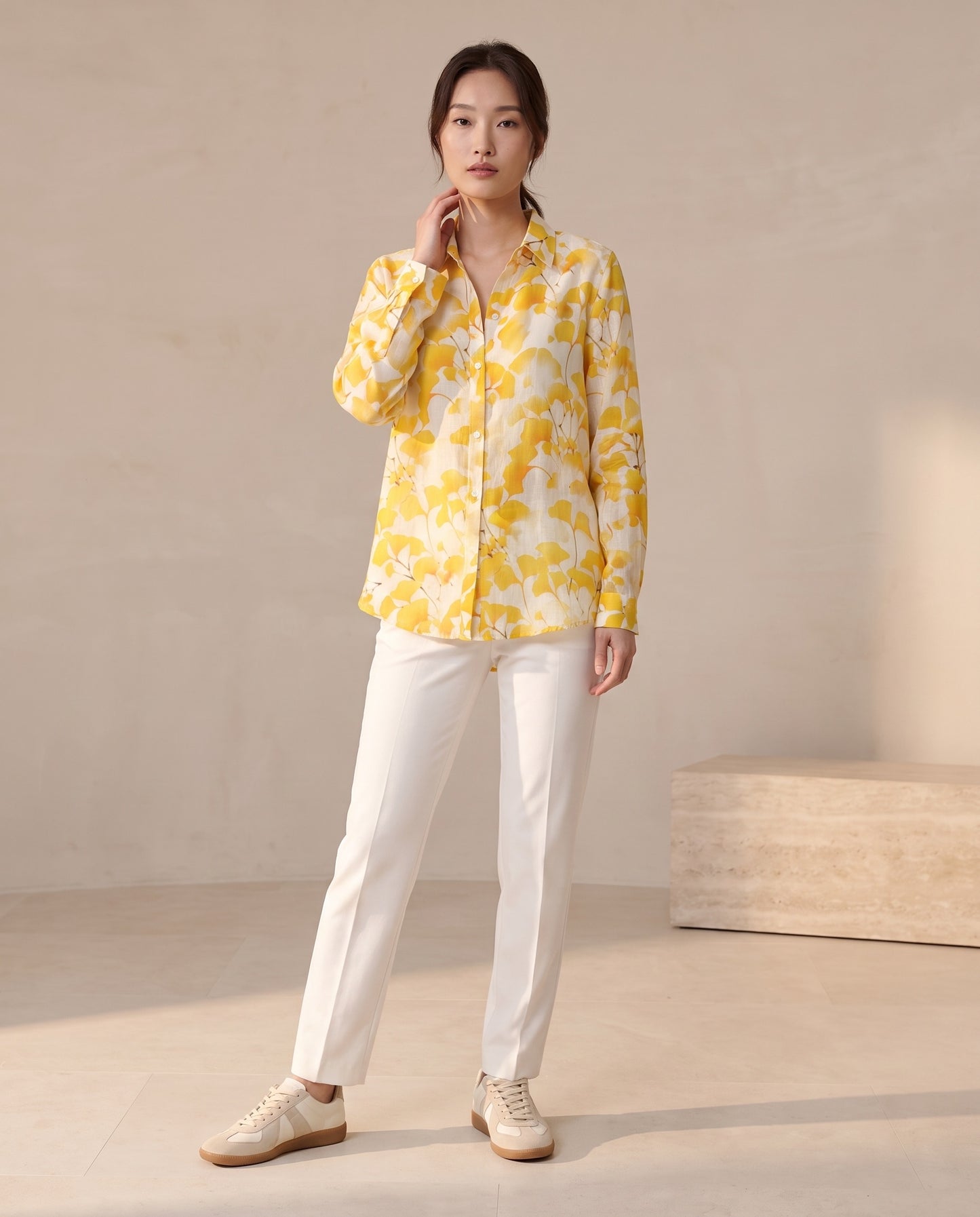 Yellow Ginkgo Leaf Print Ramie Shirt