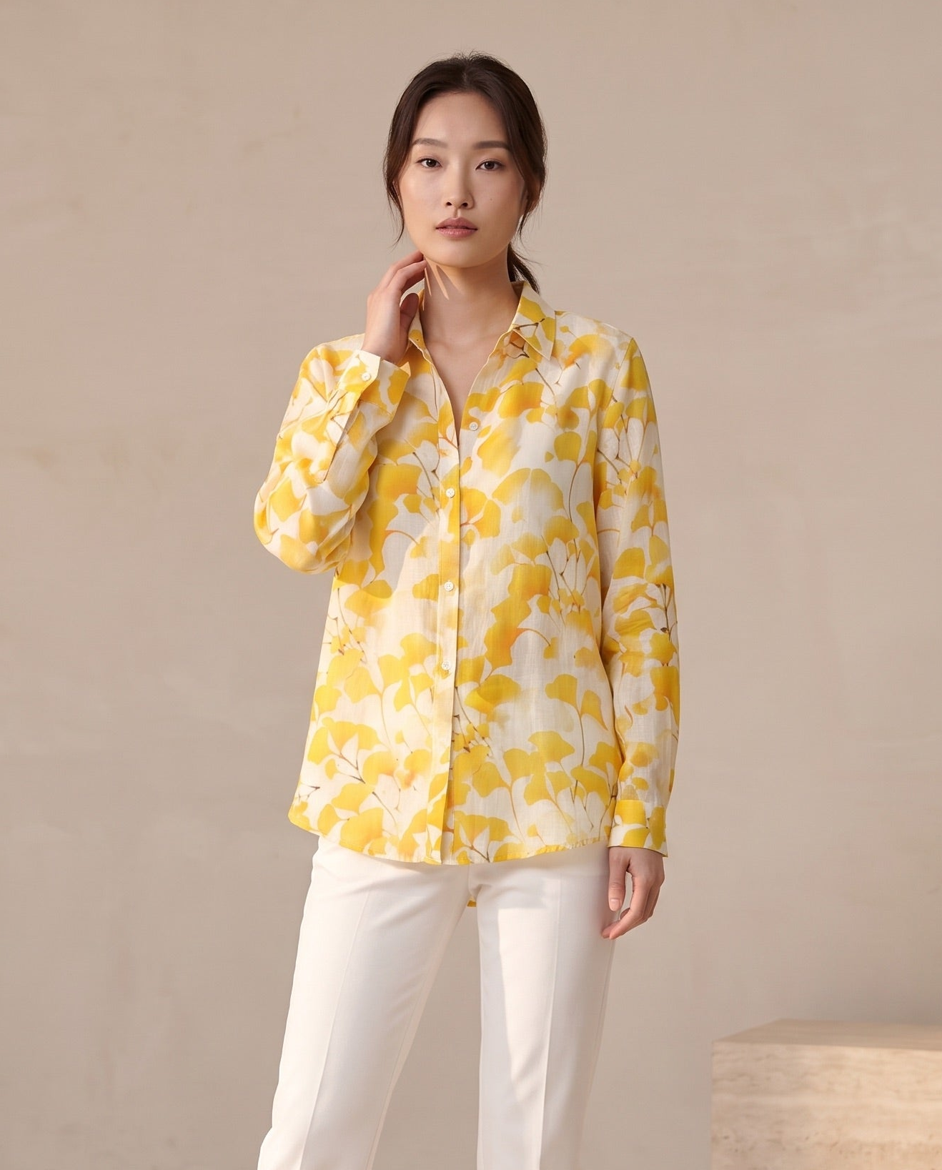 Yellow Ginkgo Leaf Print Ramie Shirt