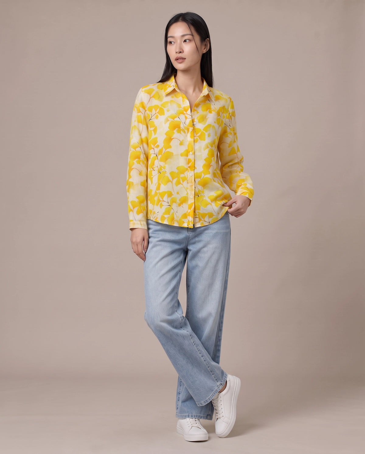 Yellow Ginkgo Leaf Print Ramie Shirt