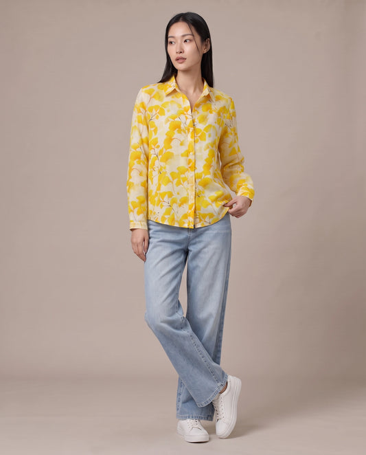 Yellow Ginkgo Leaf Print Ramie Shirt