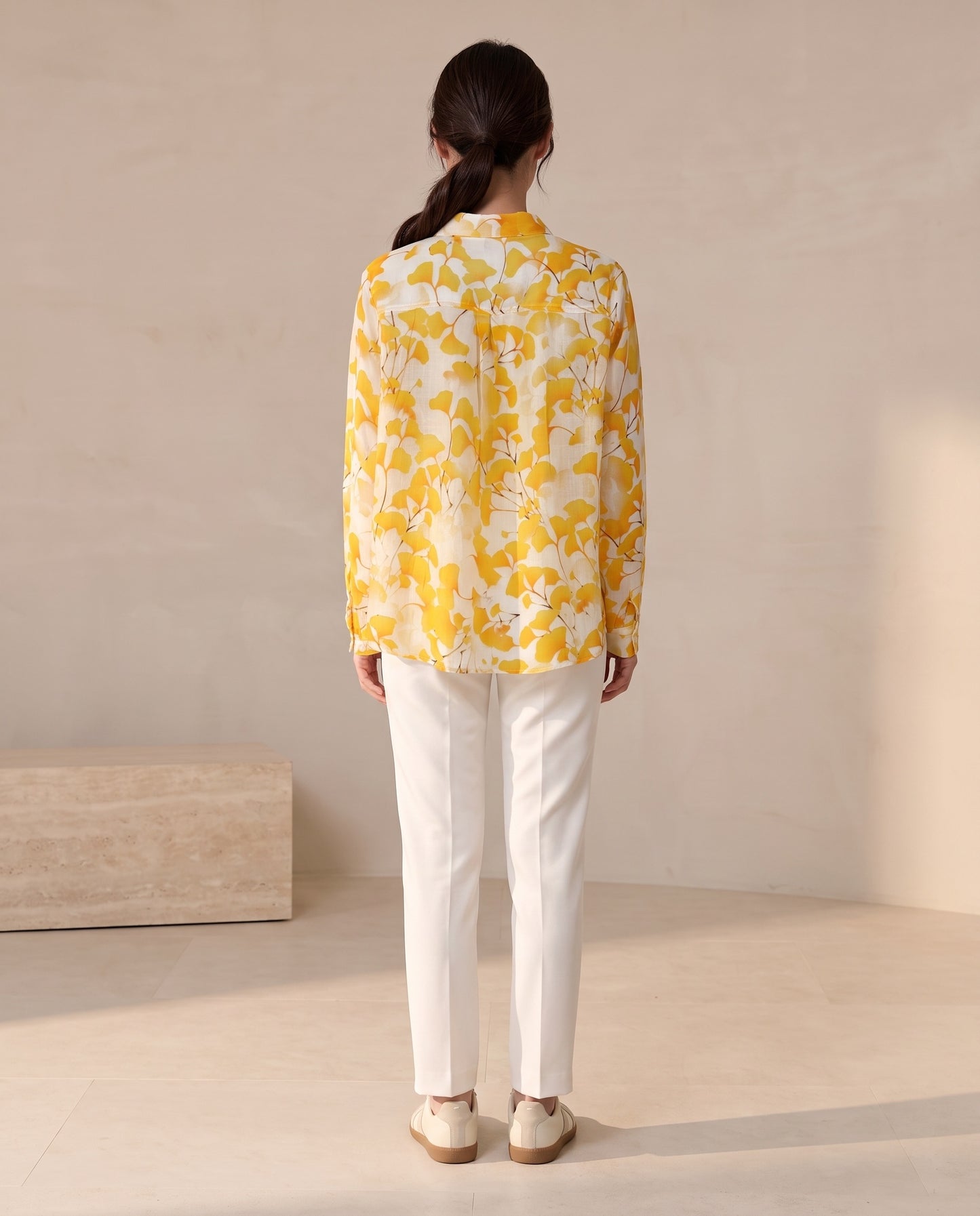 Yellow Ginkgo Leaf Print Ramie Shirt