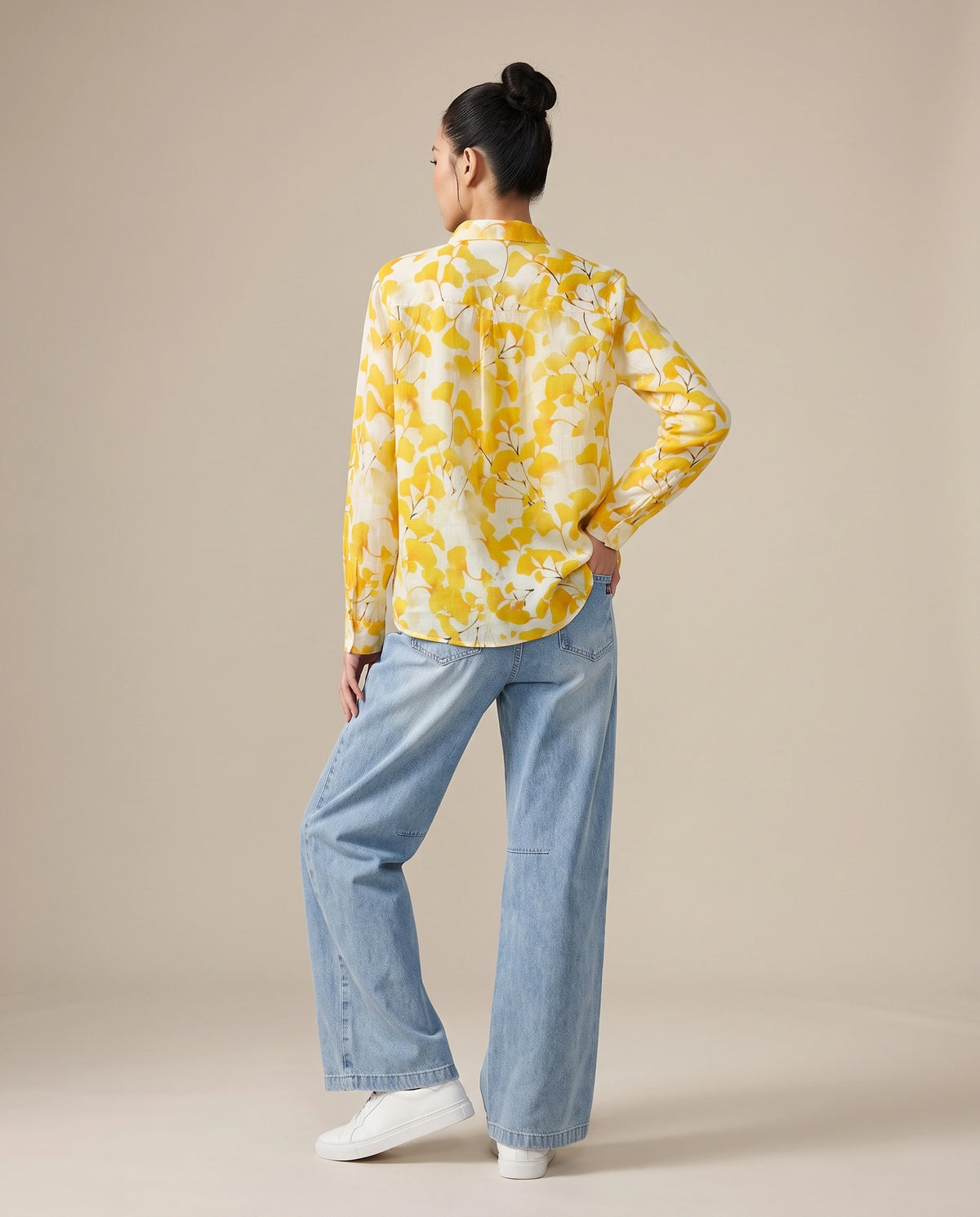 Yellow Ginkgo Leaf Print Ramie Shirt