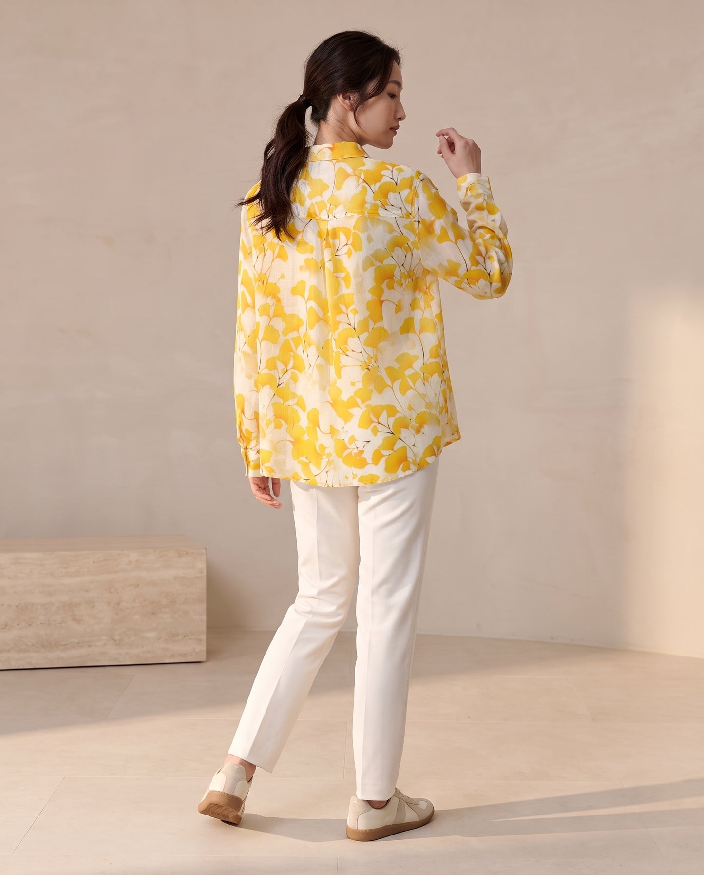 Yellow Ginkgo Leaf Print Ramie Shirt