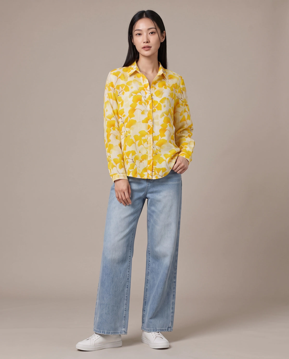 Yellow Ginkgo Leaf Print Ramie Shirt