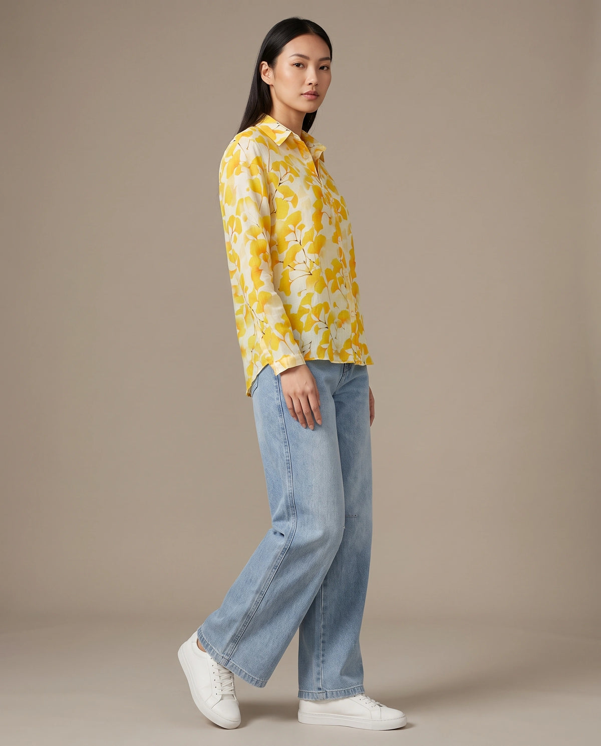 Yellow Ginkgo Leaf Print Ramie Shirt