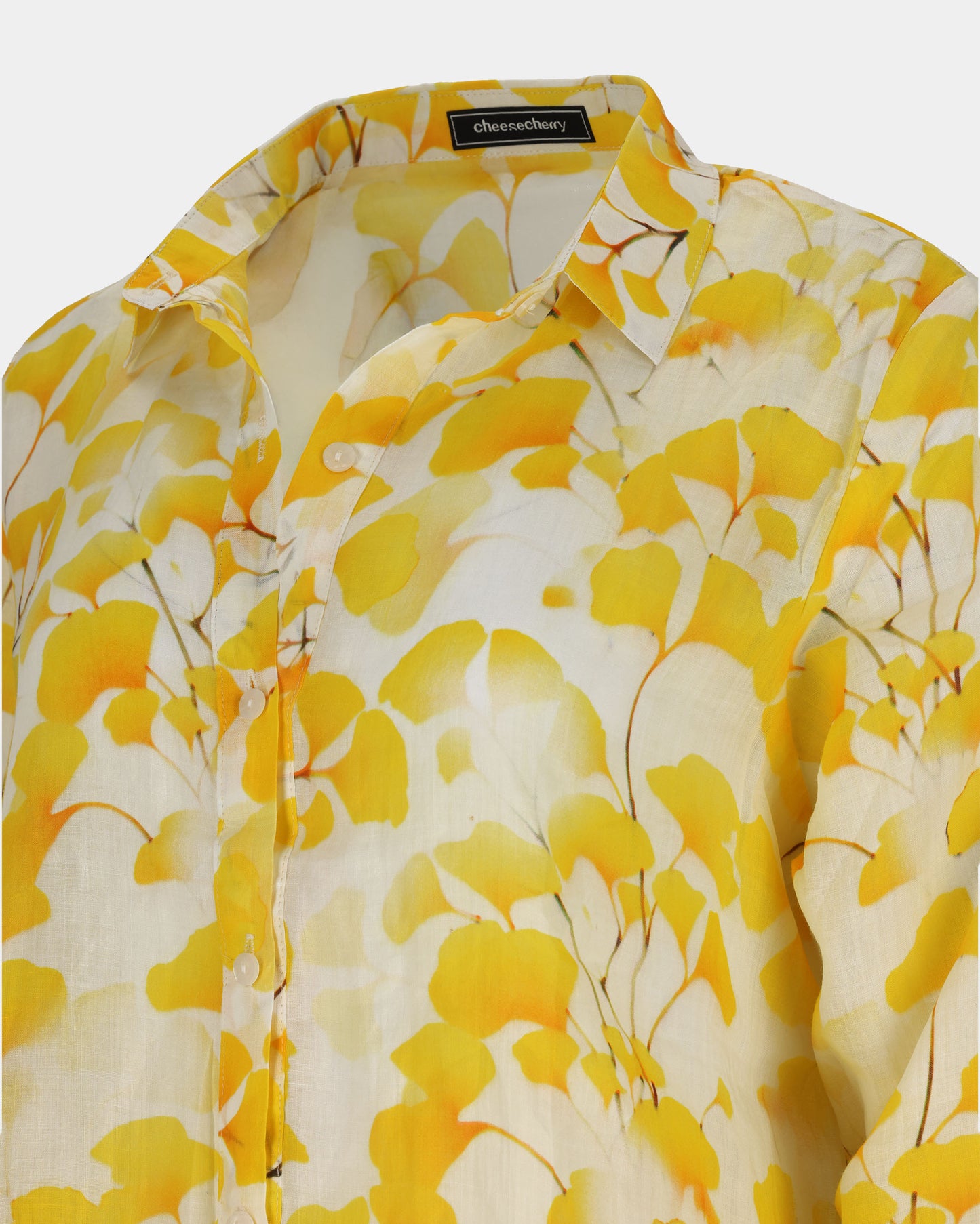 Yellow Ginkgo Leaf Print Ramie Shirt