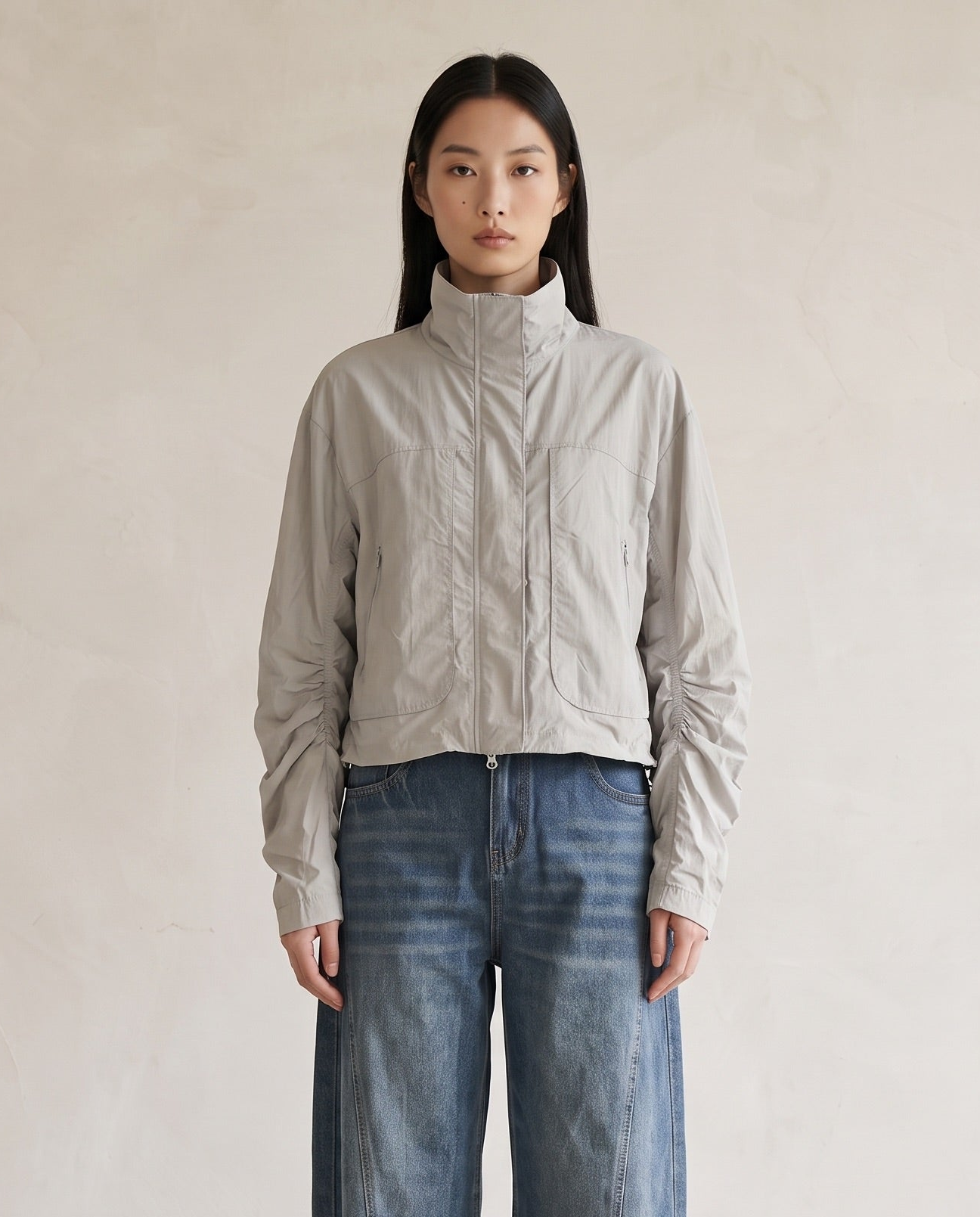 Grey Cropped Utility Zip Jacket