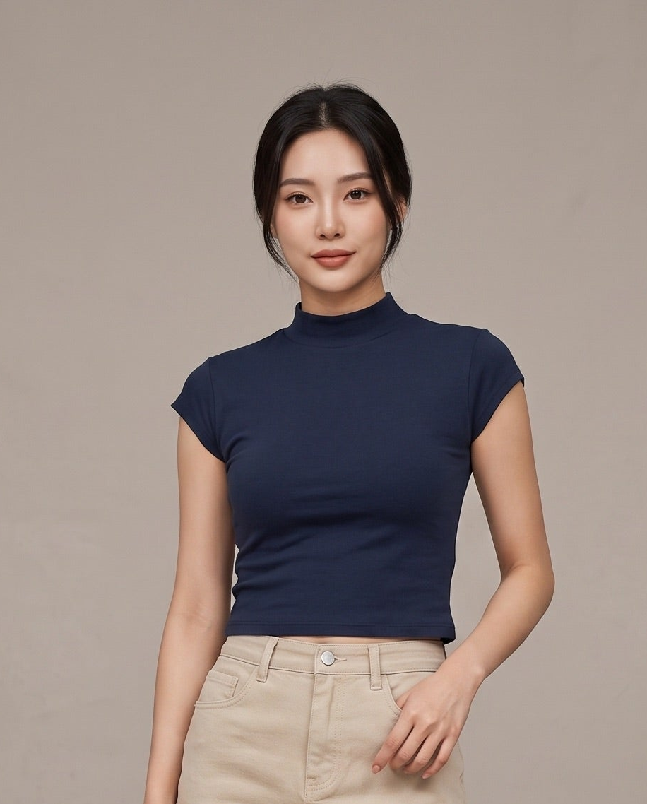 Mock-Neck T-Shirt - Midnight Blue
