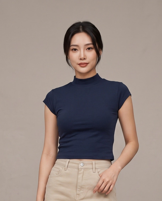 Mock-Neck T-Shirt - Midnight Blue