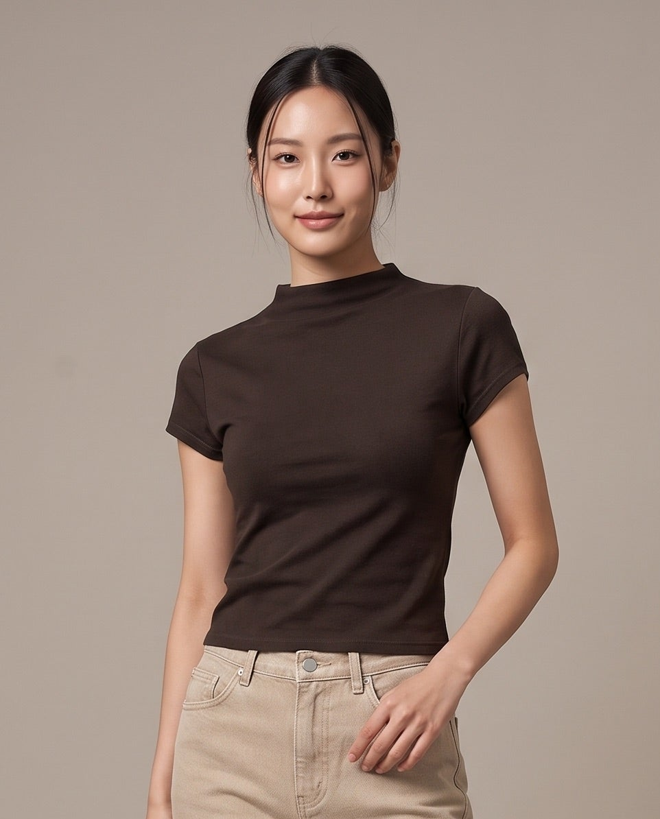 Mock-Neck T-Shirt - Black Coffee