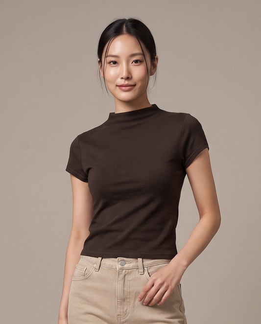 Mock-Neck T-Shirt - Black Coffee