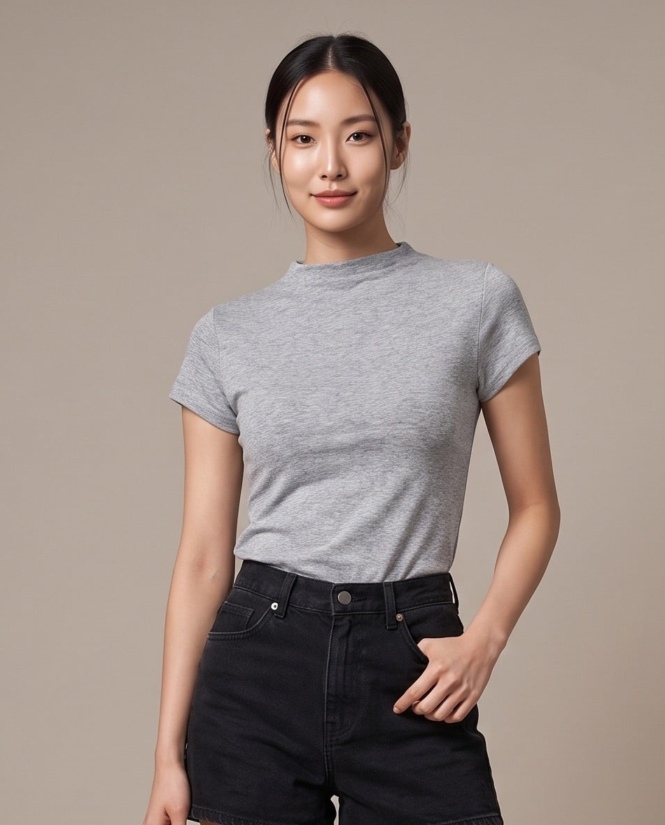 Mock-Neck T-Shirt - Floral Grey