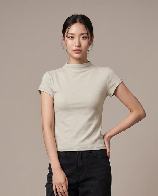 Mock-Neck T-Shirt - Apricot grey
