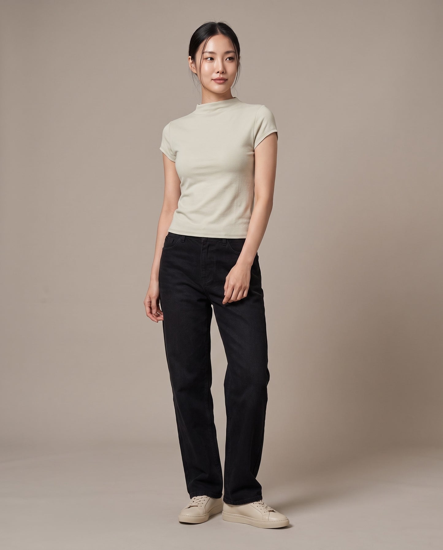 Mock-Neck T-Shirt - Apricot grey