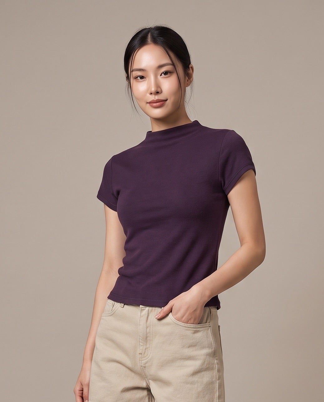 Mock-Neck T-Shirt - Plum Purple