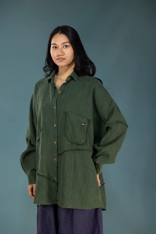 Sand-Fried Linen Overshirt - Green