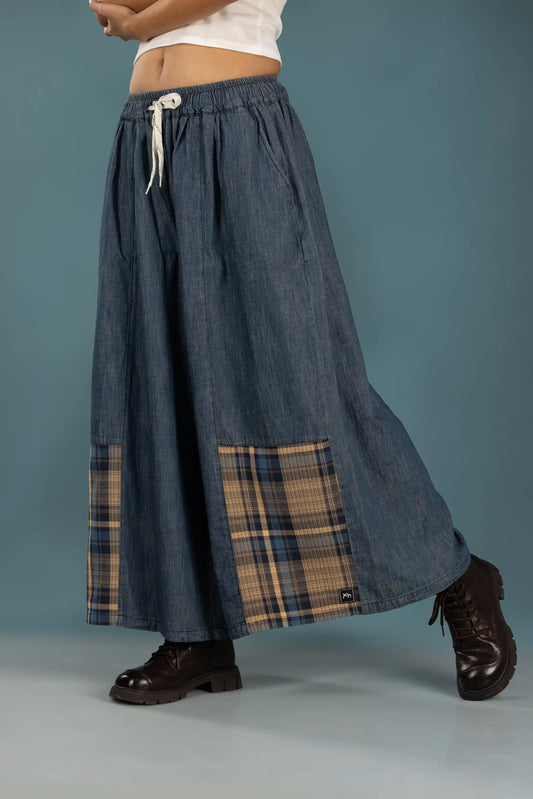 Plaid Patch Denim Wide-Leg Pants