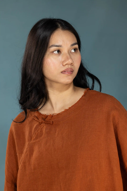Rust Linen Raw-Edge Top