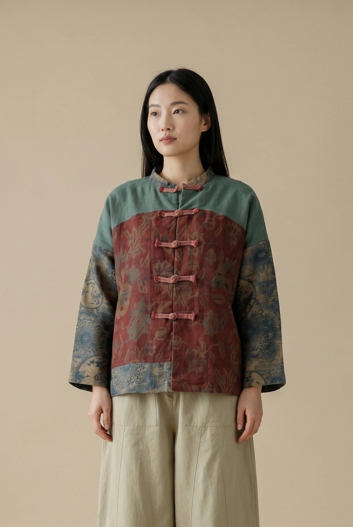 Linen Patchwork Frog Jacket (Padded)