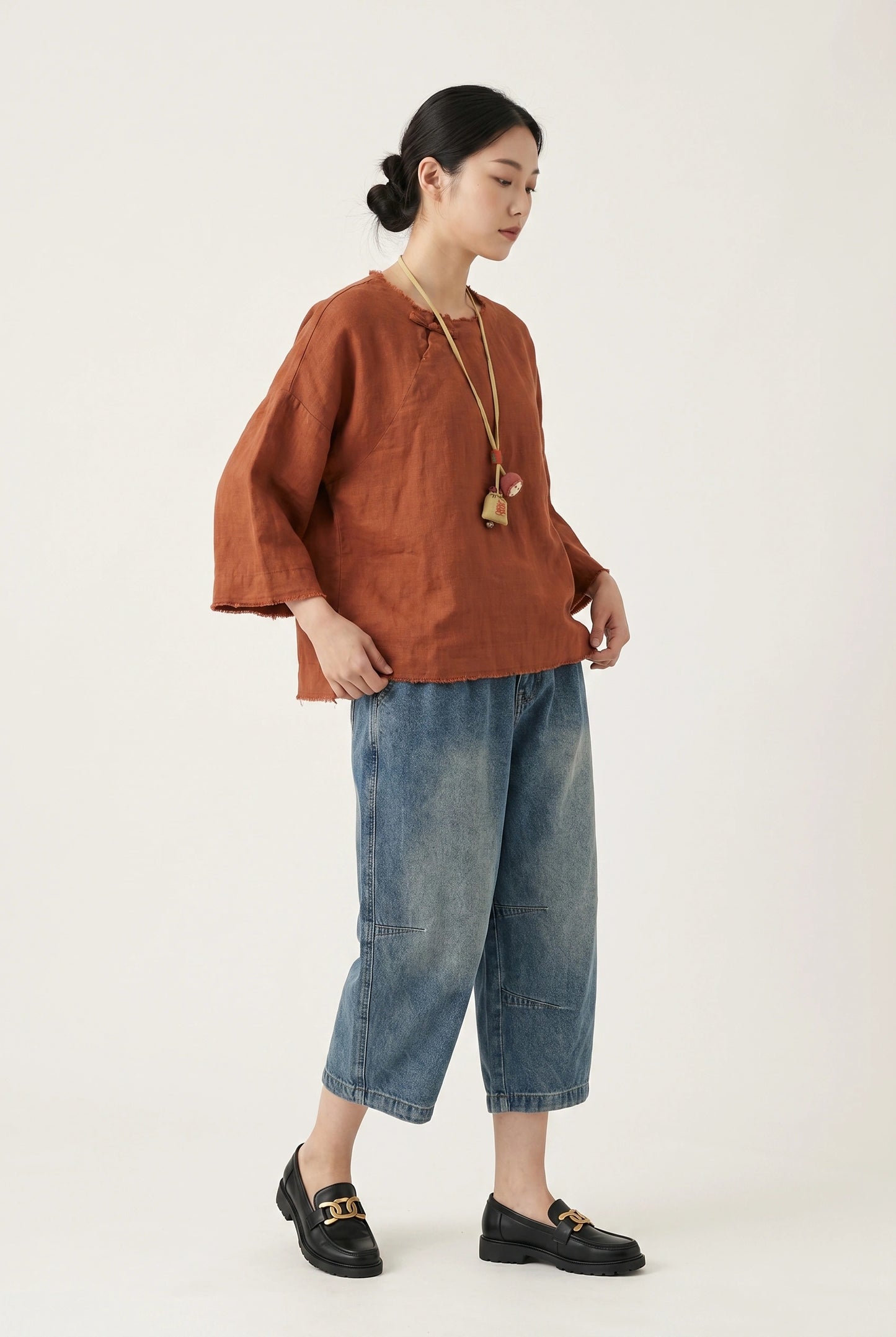 Rust Linen Raw-Edge Top