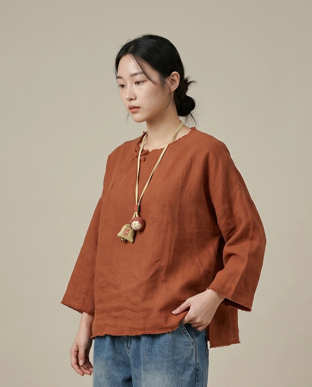 Rust Linen Raw-Edge Top