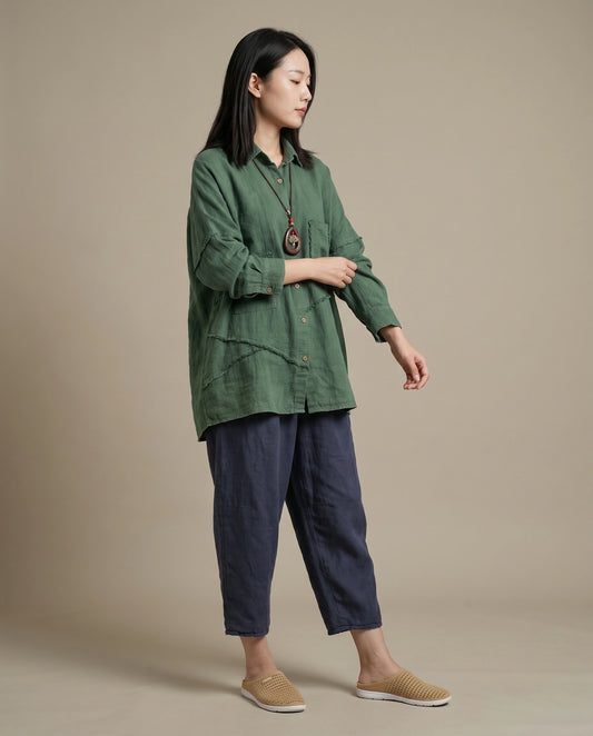 Sand-Fried Linen Overshirt - Green