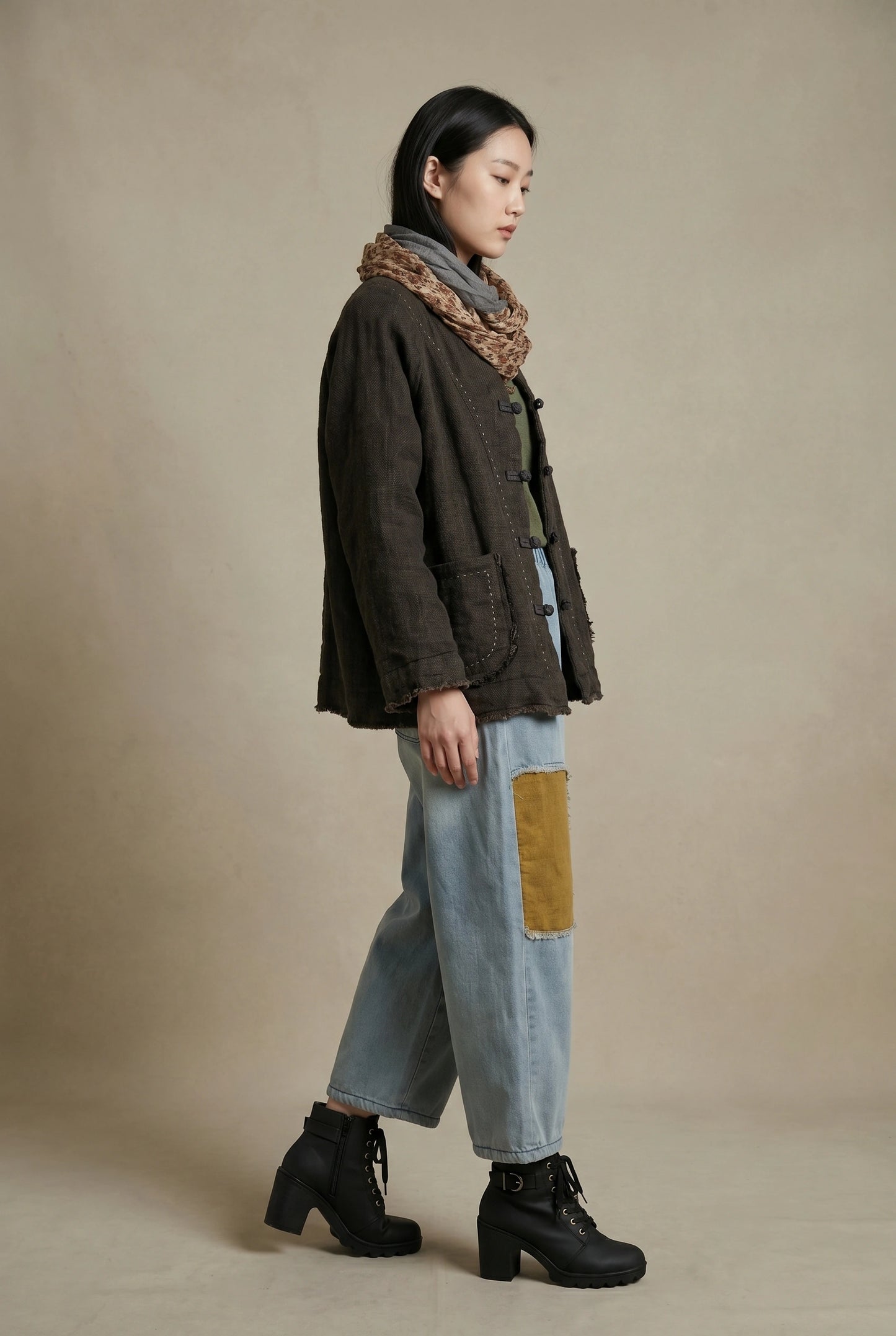 Raw-Edge Linen Frog Jacket (Padded)