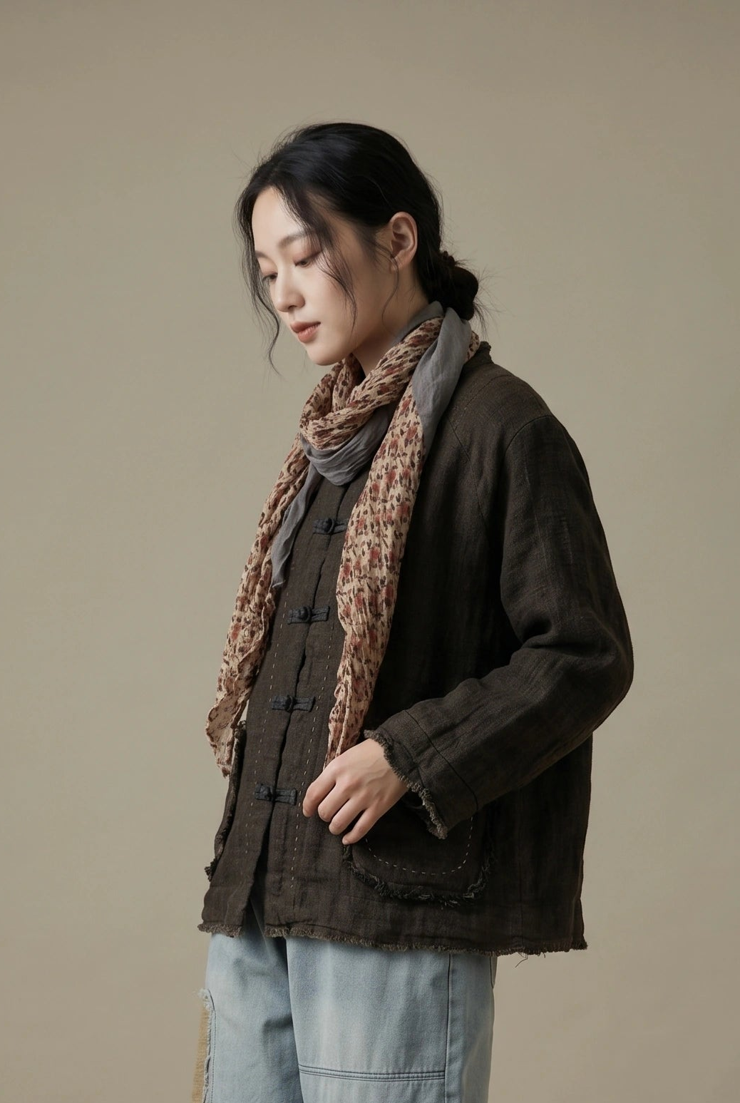 Raw-Edge Linen Frog Jacket (Padded)