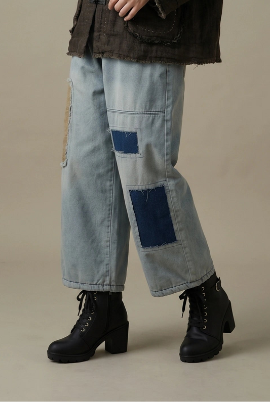Drifted Patch Denim Pants–Washed Blue
