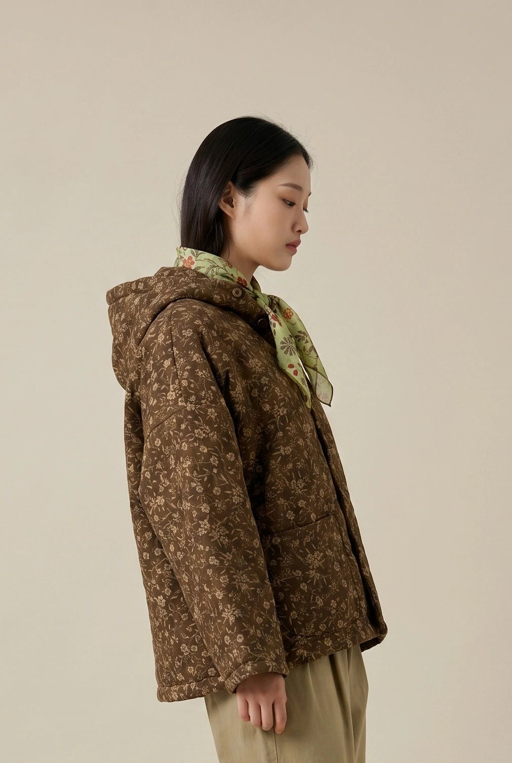 Floral Quilted Linen Hooded Jacket